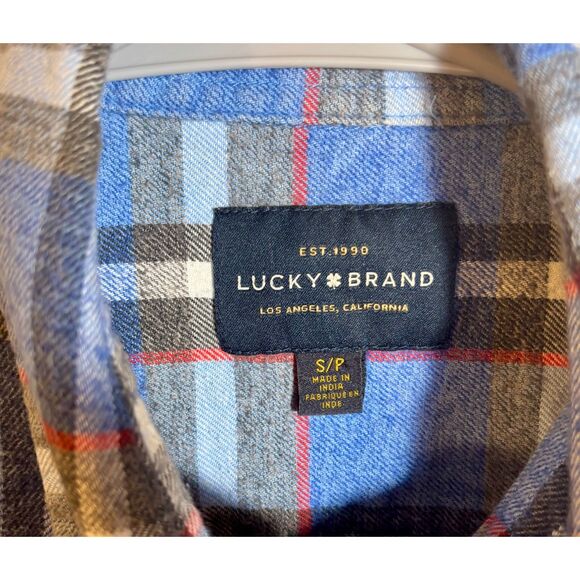 Lucky Brand Men’s Small Flannel Shirt – Blue Gray Red Plaid Long Sleeve Button - Picture 3 of 5